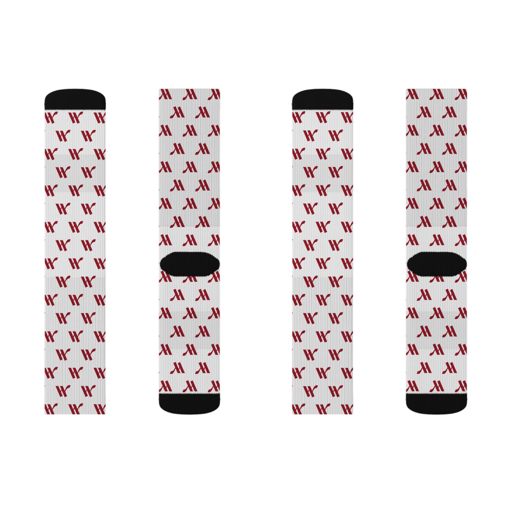 Logo Pattern Sublimation Socks — Repeating Maroon W Design